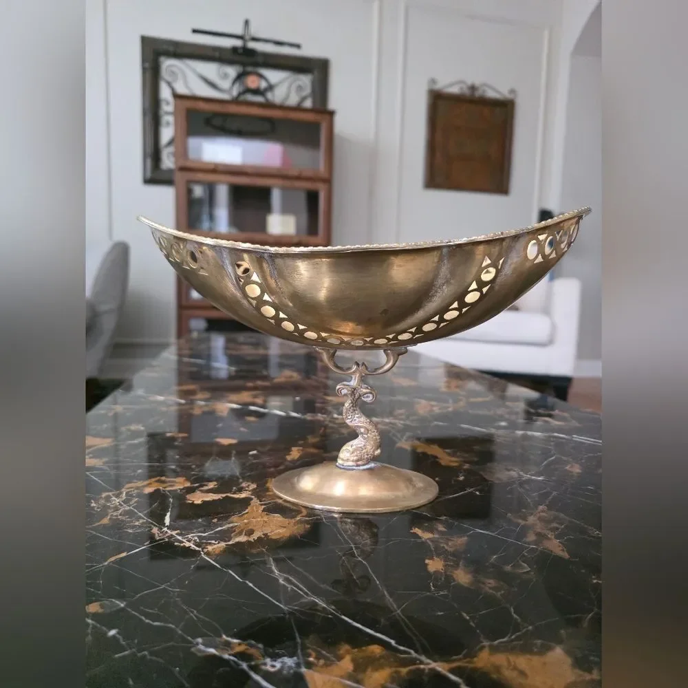 Vintage Brass Fish Pedestal Bowl 7x11.5 Koi